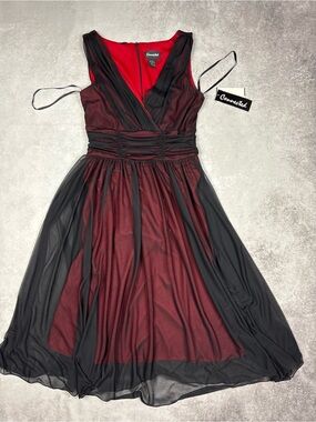 NWT Connected Apparel Midi Red & Black Mesh V Neck Dress
